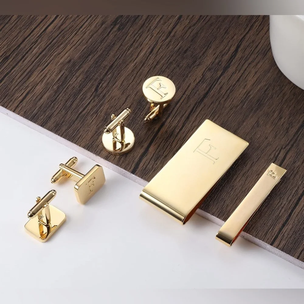 Elegant Gold Cufflink, money clip and Tie Clip Set - letter F